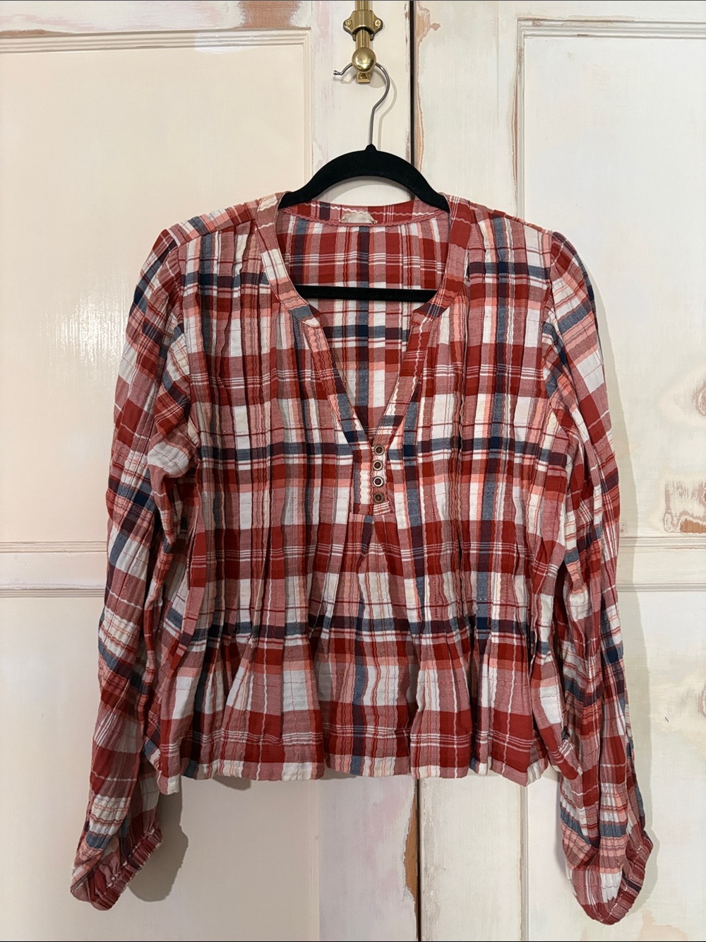 Pilcro Red Plaid Button-Front Peasant Top with Navy Accents
